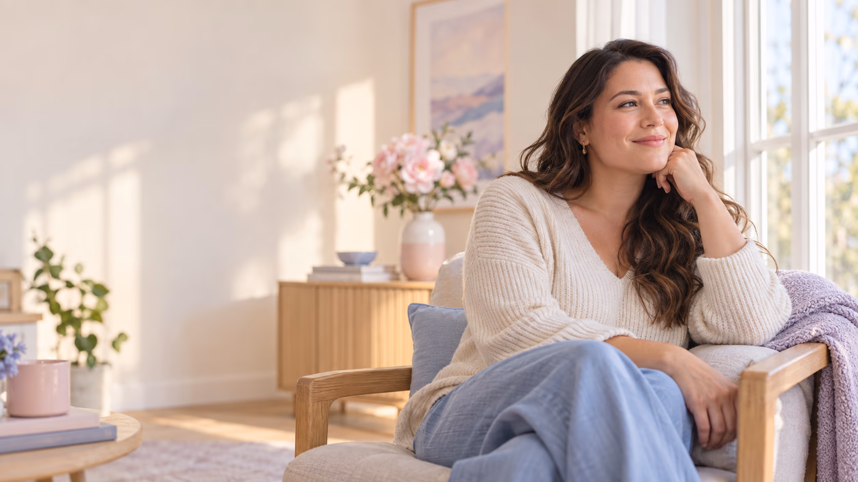 A woman smiling softly as she relaxes in an armchair by a sunlit window at home